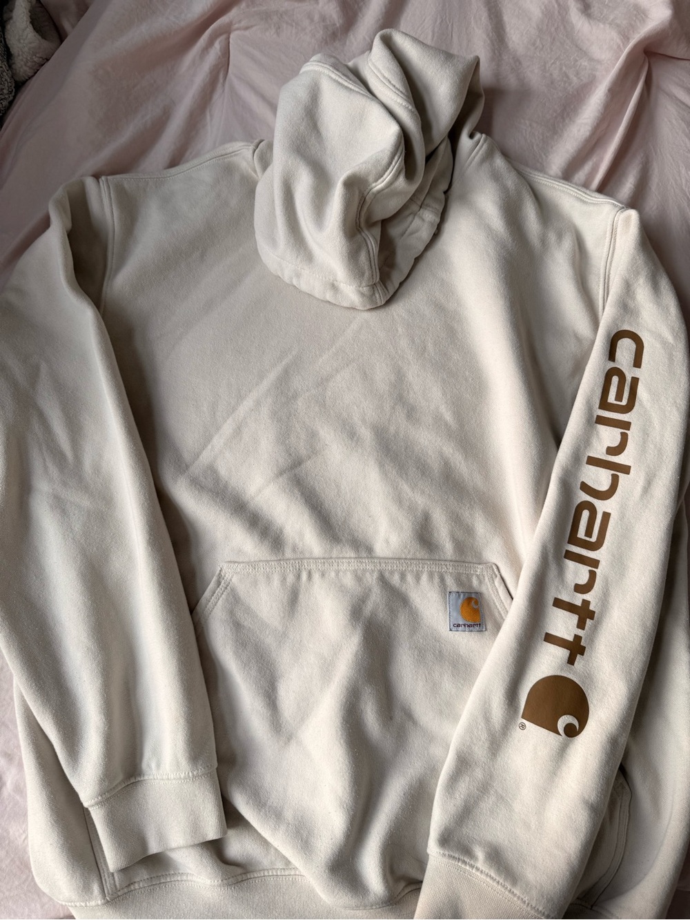 Carhartt Men’s Cream Crewneck Hoodie with Brown Sleeve Logo